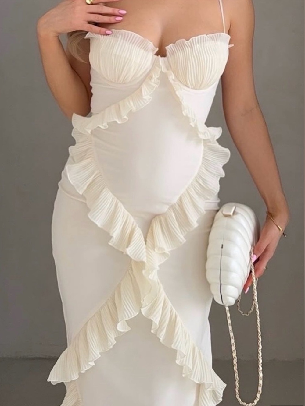 NTW! Plissé Ruffle-Trim Maxi Dress in Ivory - 8 / Regular Cup